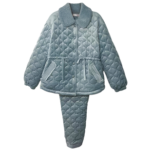 曼诺曼蒂克女睡衣冬季中长收腰时尚夹棉翻领家居服套装提花绒加厚