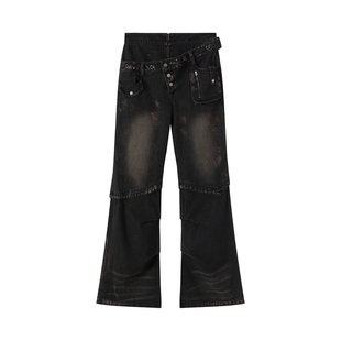 CestNous泥泞脏染双腰拼接做旧低腰牛仔裤女百搭不对称口袋直筒裤