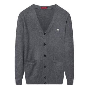 皮尔卡丹秋冬厚款针织开衫男V领中老年羊毛衫纯色毛衣外套爸爸装