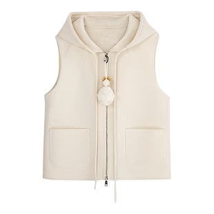 HZ HPLY NEW2025冬季新品女纯色山羊绒混纺双面尼连帽抽绳马甲