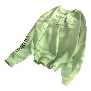 清仓圆领加绒加厚薄荷绿卫衣女秋冬宽松oversize春秋薄款上衣外套