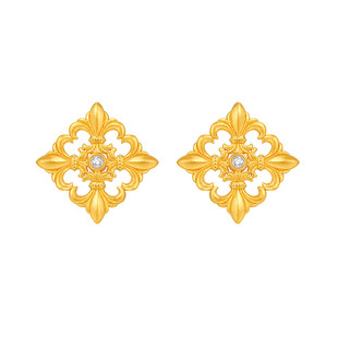 莱绅通灵传世金 鸢尾系列十字方形999足金5G古法黄金钻石耳钉耳环