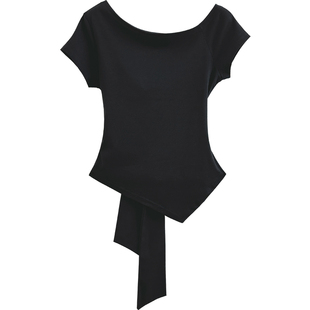 YH2.Chennnnn 斜肩收腰绑带显瘦短袖T恤女不规则修身露肩上衣夏