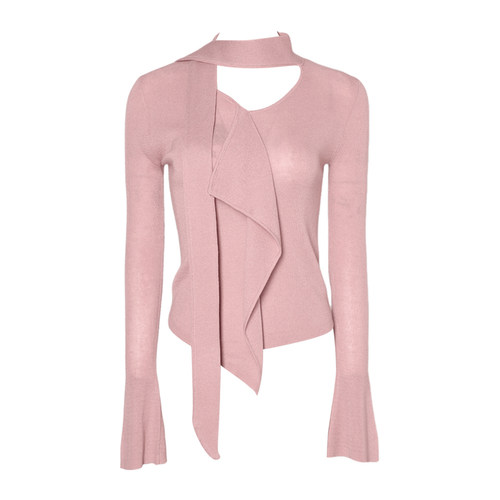 DPLAY2025年秋季新款粉色针织衫女荷叶边喇叭袖打底衫羊毛上衣