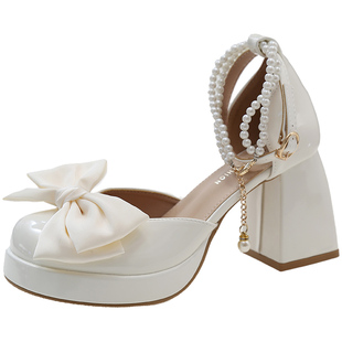 法式粗跟玛丽珍鞋女2025年春秋新款不累脚气质女鞋白色高跟小皮鞋