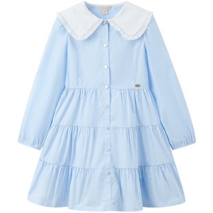 eland kids衣恋童装女童连衣裙夏季花边大翻领裙子蛋糕裙公主裙