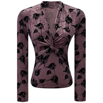 修身内搭感植绒提花扭结丝绒上衣