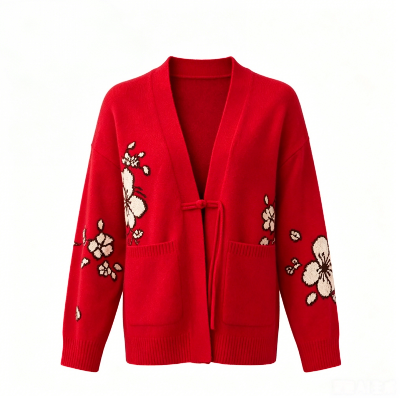 鹿王女士V领纯山羊绒提花开衫