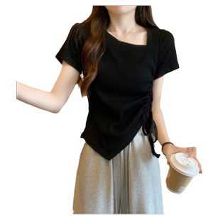 辣妹短款抽绳褶皱半袖T恤女夏天韩版百搭修身显瘦不规则短袖上衣