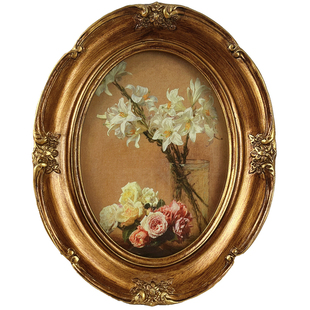 法式复古油画装饰画客厅玄关卧室桌面摆件雕花椭圆玻璃相框挂画