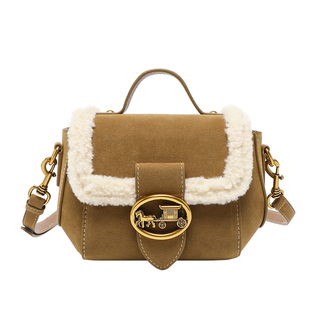 香港正品真皮女包羊羔毛小方包2024新款毛绒手提包单肩斜挎包包女