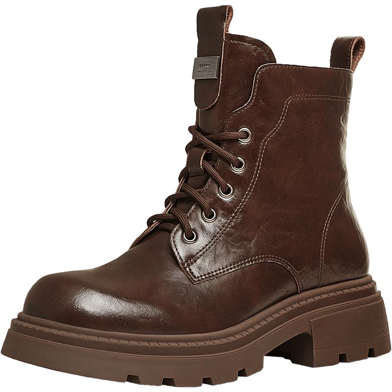 天美意复古厚底增高加绒马丁靴女休闲短靴皮靴冬新款BK062DD4