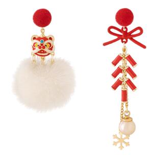 IPINK原创新年喜庆醒狮铃铛耳环女新中式耳夹2025红色中国风耳饰