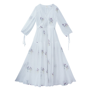 【199专区】白色雪纺连衣裙女春2025年V领刺绣长裙海边度假裙子