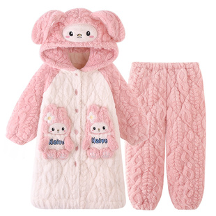 儿童三层夹棉睡衣女童睡袍冬季2025新款冬款加厚珊瑚绒女孩家居服