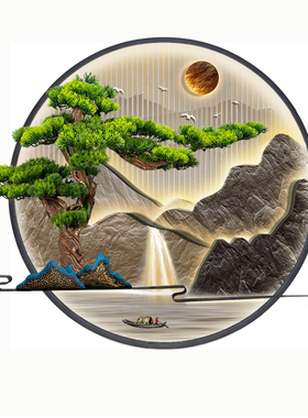 户外防水新中式山水圆形灯光壁挂