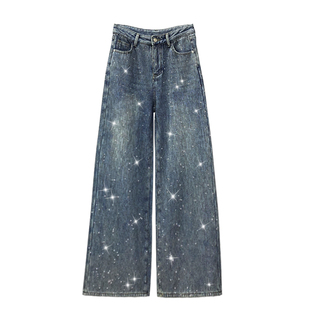 闪亮烫钻设计加绒休闲牛仔裤女冬新款高腰宽松显瘦百搭直筒阔腿裤