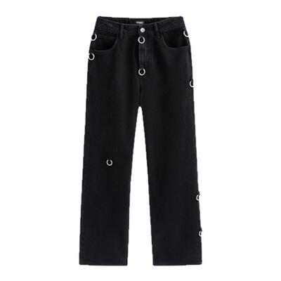 raf风格黑色金属环扣牛仔裤