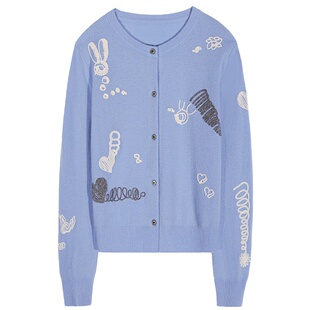 今屿花花 毛衣女款2025新款冬季羊毛小个子毛线衣开衫外搭蓝色女