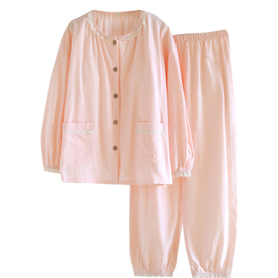 简约纯色带固定文胸垫睡衣女款春秋夏甜美圆领花边收口袋全棉提花