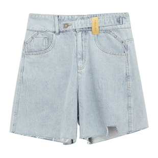 【设计感腰头】MSLAN春夏浅蓝色宽松高腰毛边短裤MFBM6102