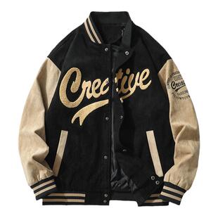 WASSUP加厚麂皮V领防风运动棒球服男潮牌日系宽松复古夹克外套女