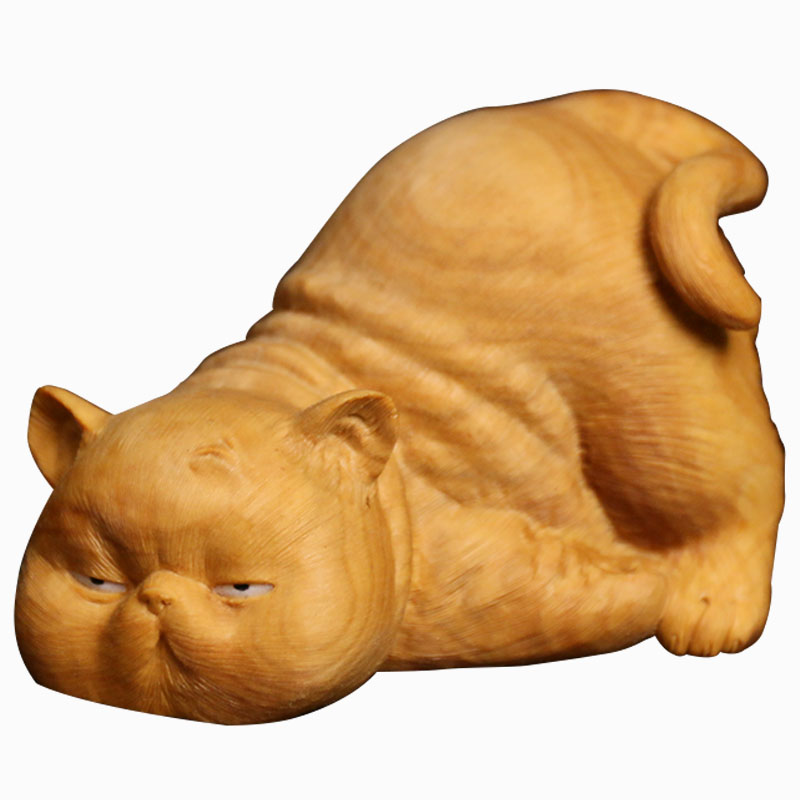 居舍小叶黄杨木雕懒猫小摆件