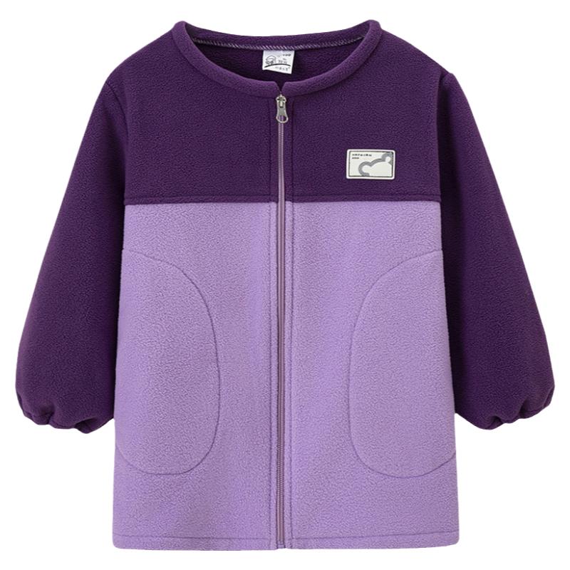 儿童拼接摇粒绒罩衣长袖拉链防脏羽绒服防脏护衣女宝宝保暖罩衫冬