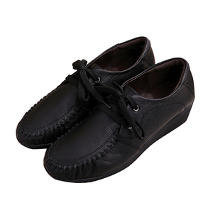 上海花牌真皮女鞋坡跟软底舒适休闲防滑单鞋深口系带牛皮鞋妈妈鞋