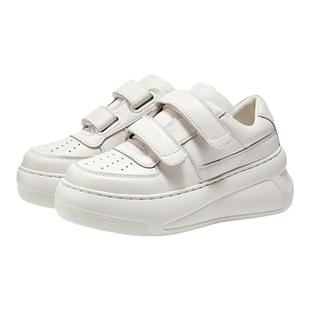 妙丽2026春季女鞋厚底增高 真皮板鞋 魔术贴休闲面包鞋小白鞋女