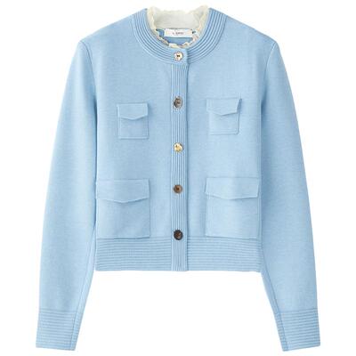 NMORE设计师品牌 25秋季新款 冰川蓝装饰拼圆领针织爱丽丝纹开衫