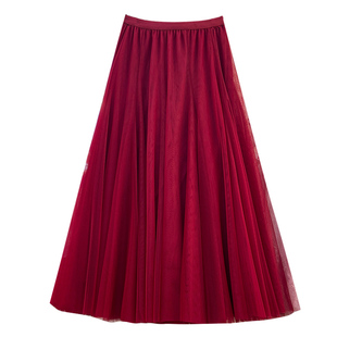 轻奢高级感酒红色纱裙半身裙女秋冬2025新款舞蹈裙子长款网纱长裙