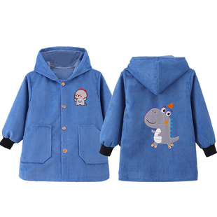 儿童长款灯芯绒防水罩衣秋冬加大防脏纽扣护衣男女宝宝羽绒服外套