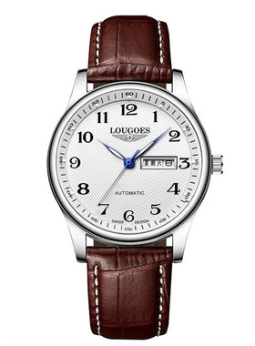 全新未使用/LOUGOES/名匠棕色皮带/双日历/表径39mm/全自动