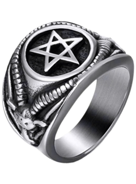 潮男女撒旦巴弗灭羊头五芒星戒指