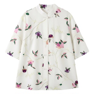 欧洲承欢记何赛飞刘婉玉同款绿色竹子印花中式衬衫盘扣妈妈装上衣