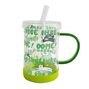 大容量高硼硅玻璃杯女粗吸管奶茶杯带盖把手杯子学生创意卡通水杯