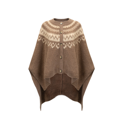 费尔岛花纹浅棕色羊绒披肩大衣