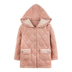 圆人睡衣女士珊瑚绒加厚连帽开衫三层夹棉加绒保暖家居服单件上衣