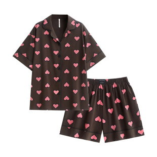 悦内睡衣女士夏季夏天纯棉短袖短裤家居服爱心宽松开衫休闲可外穿