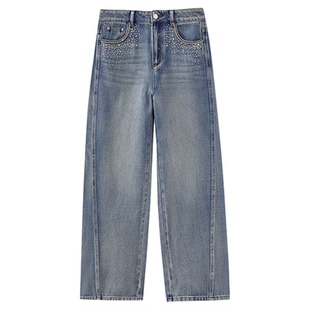 水云间复古千禧风烫钻阔腿牛仔裤女直筒长裤子宽松百搭2025秋新款