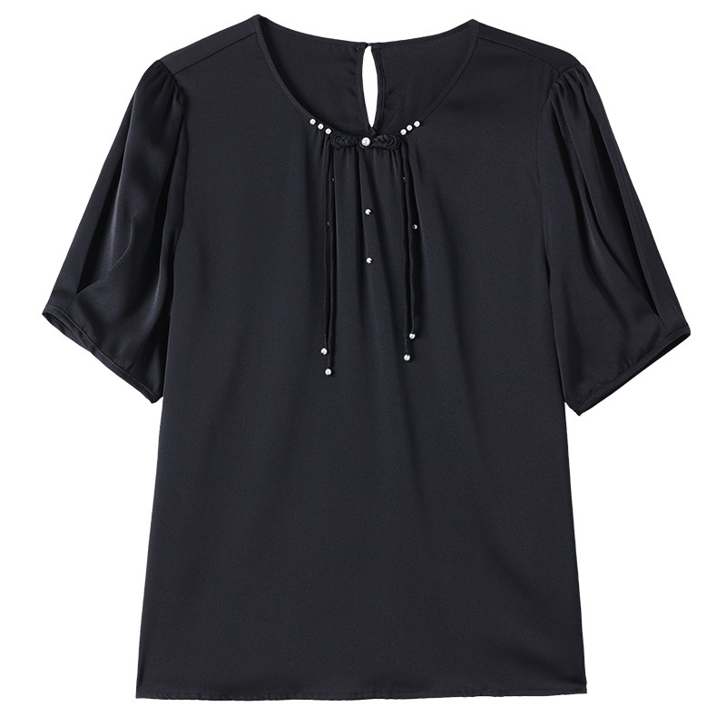 短袖减龄钉珠流苏纯色桑蚕丝上衣