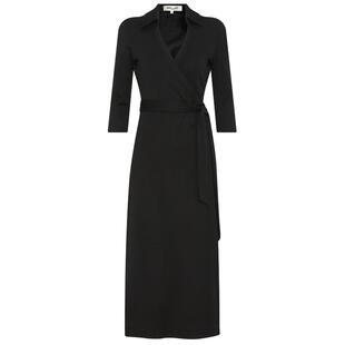 [小黑裙]DVFV领纯色七分袖中长款混纺针织裹身连衣裙ABIGAIL MIDI