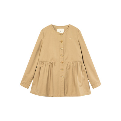 一城画一新款文艺范纯色风衣圆领A字中款外套米白/卡其