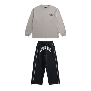 ROCKYROAD童装纯棉美式圆领潮牌内搭套头体恤卫衣休闲黑色卫裤