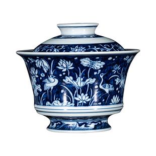 钟家窑盖碗茶杯景德镇柴窑青花手绘一路连科重工满绘功夫茶泡茶碗