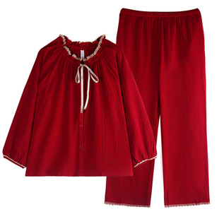 轩靓纯棉双层纱布睡衣女春秋季2026新款本命年红色结婚家居服套装