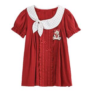 森女部落学院风红色T恤女新款蝴蝶结设计感百搭宽松短袖上衣夏季