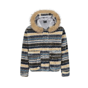 棉衣男女款条纹撞色美式复古连帽大毛领保暖短款外套冬季加厚棉服