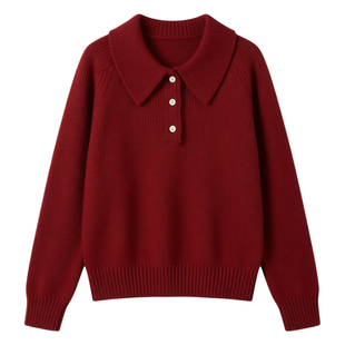 波尔多红色翻领宽松慵懒风针织衫毛衣女冬季新款软糯内搭打底上衣